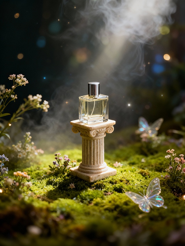 梦幻童话风商业主体摄影风格，高质感奇幻渲染；画面整体氛围梦幻朦胧且浪漫奇幻且精致；极强的辉光效果。以平视微俯的场景式视角、分散式创意构图呈现，视觉重心覆盖多件主体；场景包含迷你复古希腊柱、绿色苔藓基底、细碎小花簇、透明闪蝶装饰，背景为暗调朦胧的虚化氛围并点缀微光；主体摆放于迷你复古柱的顶部、底座及苔藓地面之上；复古柱作为主体展示载体，苔藓与小花构建童话秘境基底，闪蝶装饰点缀强化奇幻氛围，暗调虚化背景突出主体精致视觉焦点，背景烟雾朦胧，丁达尔光线；配合柔和氛围光照明、浅景深效果、精致装饰纹理的细腻表现及梦幻色彩过渡