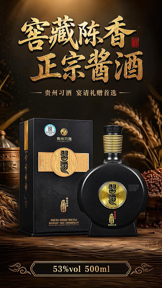 [第1屏] 详情页头图-贵州习酒窖藏1988酱香型白酒高端氛围海报。本屏使用【图1】作为商品主体。
[氛围/风格] 高端典雅酱酒风，深棕木纹背景搭配金色光效，极致商业摄影质感。
[元素布局] 产品主体放置在画面中心偏下位置，占比约65%-70%；上方预留主标题区域，背景搭配淡雅酱香谷物元素烘托氛围；保持产品瓶身、包装盒结构、颜色、材质与输入产品图完全一致。
[光影质感] 顶部柔光漫射照明，瓶身和包装盒保留清晰金色高光，底部自然柔和投影，整体明暗层次分明。
[配色色系] 全局底色 #121212；主色纯黑+烫金；辅助色深棕木纹，点缀浅金光泽。
[视角构图] 正面平视，产品为绝对视觉中心，阅读动线从上到下，标题→产品→底部信息。
[文字版式] 版式为上方标题+中心产品+底部信息条。主标题「窖藏陈香 正宗酱酒」，副标题「贵州习酒 宴请礼赠首选」，书法风格字体居中，金色字搭配黑色描边；底部信息条标注「53%vol 500ml」，文字不遮挡产品主体。
[比例分辨率] 9:16 竖版比例，4K分辨率，文字清晰可辨，高清画质。
[负向提示词] 产品变形，缺件错件，颜色偏差，包装文字错乱，水印，文字过小，背景杂乱