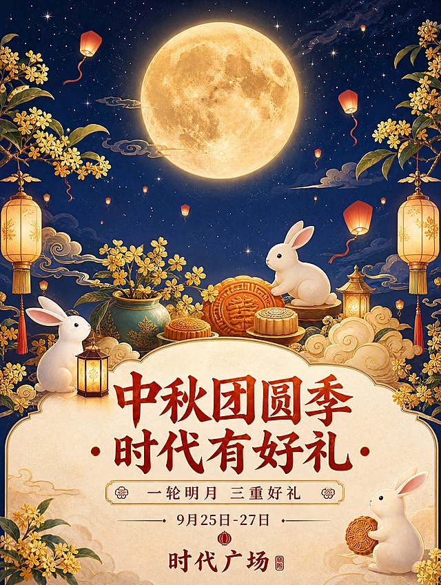 基于参考图进行修改：去掉画面中间的时代广场商场建筑和两侧的城市高楼建筑，替换为丰富的中秋元素场景。保留顶部的大满月、深蓝色星空背景、两侧的桂花枝、飘飞的孔明灯、云朵。去掉左右两侧带"福"字的大红灯笼，替换为不带文字的中秋风格装饰元素，如玉兔、桂花、月饼、祥云、古风灯笼（无福字）等。保留画面下方的白色玉兔、小灯笼、月饼、桂花枝等前景元素。保留底部的文字区域和文字内容不变。整体保持新中式国潮中秋温馨喜庆风格，画面构图平衡，色彩与原图一致。