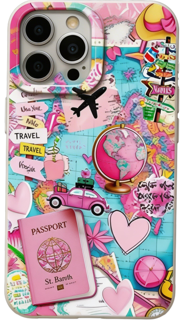 生成类似手机壳图案的拼贴风插画，包含粉色护照、粉色小车、粉色地球仪、黑色飞机、爱心，以粉蓝为主色调，搭配黄色装饰元素，整体是旅行主题的拼贴设计，保留原图的少女甜酷风格，比例为1:2预览效果