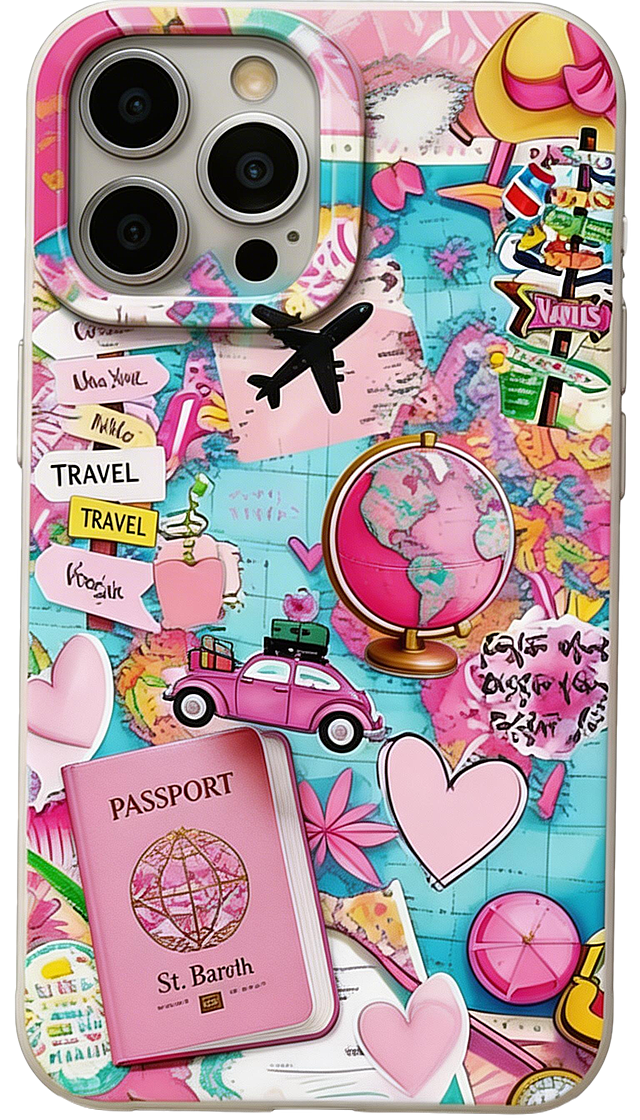生成类似手机壳图案的拼贴风插画，包含粉色护照、粉色小车、粉色地球仪、黑色飞机、爱心，以粉蓝为主色调，搭配黄色装饰元素，整体是旅行主题的拼贴设计，保留原图的少女甜酷风格，比例为1:2