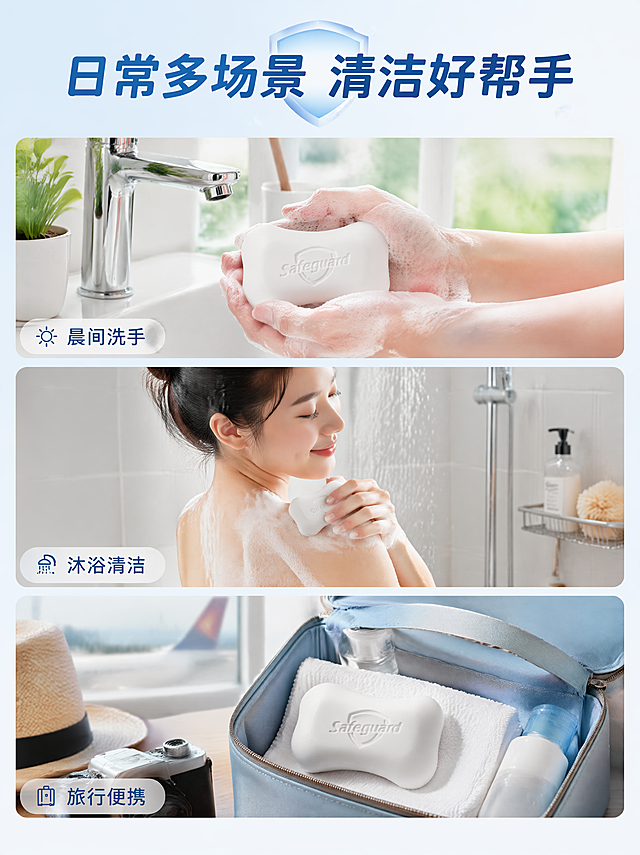 [第6屏] 多场景使用展示，拼图展示舒肤佳香皂在不同日常场景的应用。
[氛围/风格] 生活化温馨氛围，真实场景拼接，自然清新风格。
[元素布局] 三格拼图布局，分别展示：每日晨间洗手、沐浴清洁、旅行便携三个场景，每个场景都有香皂自然入镜，保持产品外观颜色不变。三格场景大小一致，排列整齐，顶部预留主标题。
[光影质感] 每个场景都使用自然日常光线，明亮真实，符合日常生活氛围。
[配色色系] 每个场景保持原场景自然配色，整体协调统一，浅淡色调为主。
[视角构图] 三格拼接构图，每个场景独立展示，阅读从上到下逐格浏览。
[文字版式] 顶部主标题「日常多场景 清洁好帮手」，每个场景下方标注场景名称：「晨间洗手」「沐浴清洁」「旅行便携」，文字小而清晰，不遮挡场景主体。
[比例分辨率] 宽度1080像素，高度1440像素，比例3:4，4K分辨率，文字清晰可辨。
[负向提示词] 场景夸张失真，产品变形，文字遮挡主体，配色杂乱