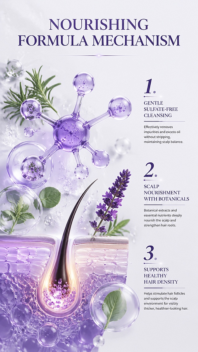 [第3屏] Key ingredients and scalp care mechanism page. This screen visualizes how the shampoo works for hair growth and nourishment. 
[氛围/风格] Scientific clean aesthetic, soft lab-like texture background, professional credible feeling. 
[元素布局] Large 3D molecular structure and natural plant ingredients occupy 60% of the main screen, three numbered benefit points placed on the right side. Core elements enlarged to emphasize, small icon decoration is not allowed. Key benefits: gentle cleansing, scalp nourishment, follicle stimulation. 
[光影质感] Soft diffused lighting, clear 3D molecular texture, soft shadows, natural layering. 
[配色色系] Global background #F0EDF2, main color soft purple molecular, auxiliary green plant elements, consistent neutral style. 
[视角构图] Centralized composition, core mechanism as visual center, text information on the side clear. 
[文字版式] Main title at top "Nourishing Formula Mechanism", three numbered points: 1. "Gentle Sulfate-Free Cleansing", 2. "Scalp Nourishment With Botanicals", 3. "Supports Healthy Hair Density", all English, title each major word capitalized, no Chinese characters. 
[比例分辨率] 9:16 vertical, 4K resolution, clear readable text. 
[负向提示词] exaggerated medical claims, deformed elements, text garbled, Chinese characters, absolute words, blurred product