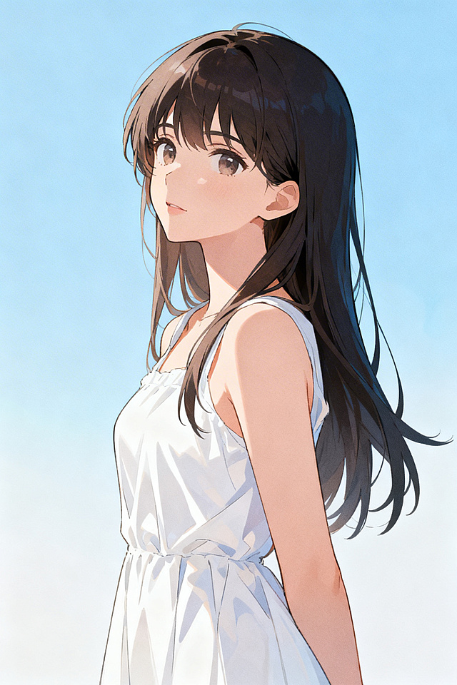 设计原创女性动漫人物，留着长发，身穿白色连衣裙，呈现侧颜，日系动漫风格，精致五官，细腻发丝，色彩清新和谐，线条流畅，细节丰富，高质量二次元插画