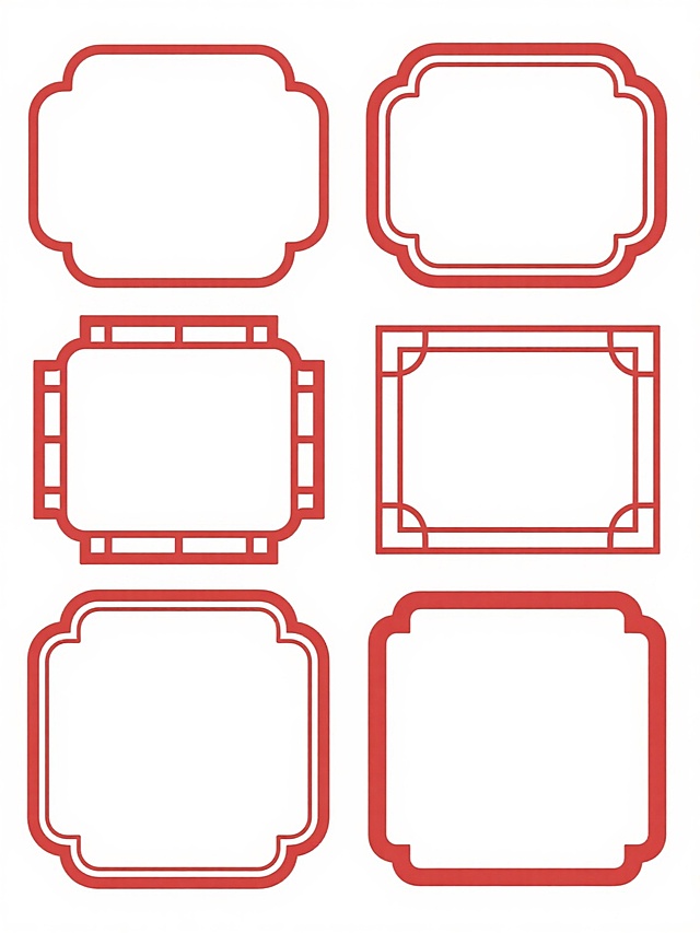 六个规整排布的中式边框设计素材，每个边框具有不同设计样式，整体造型简约现代，采用纯红色线条勾勒，白色纯色背景，无任何文字、logo和水印，保持线条清晰、边缘平滑的矢量插画风格，设计感简洁明了，适合作为装饰元素或设计素材使用。