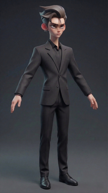 将图中的3D卡通男性角色调整为右45°视角，保留角色所有特征：深棕色向上翘起的发型、银色耳环、黑色西装、黑色衬衫、黑色西裤、黑色皮鞋，保持3D卡通风格一致，背景为深灰色纯色预览效果