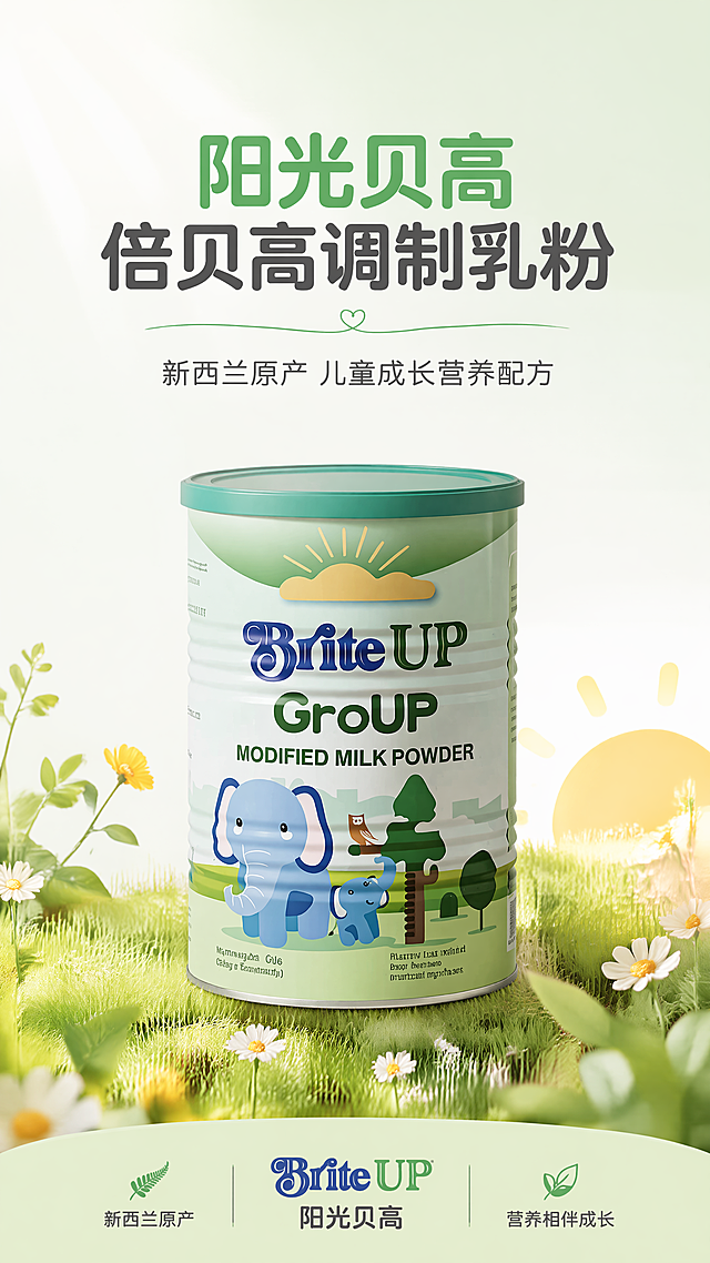 [第1屏] 详情页头图-阳光贝高倍贝高调制乳粉产品宣传海报
[氛围/风格] 清新温馨儿童营养食品风格，浅绿渐变背景，柔和自然光影，商业摄影质感，画面干净明快
[元素布局] 本屏使用【图1】作为商品主体，阳光贝高倍贝高调制乳粉罐体放置在画面中心偏下区域，占据画面60%-65%主体位置，保持罐体绿色顶盖、浅绿色罐身、大象图案、包装文字的物理结构、材质质感、颜色与输入产品图一致。背景为浅绿到米白渐变，顶部保留标题留白，底部加入清新草地和阳光元素作为装饰，整体画面饱满不拥挤
[光影质感] 左上方柔和主光照亮罐体，右下方形成自然柔和投影，整体明亮通透，产品边缘清晰真实，突出奶粉罐质感
[配色色系] 全局底色：#F5FBF7（浅绿白）；主体配色：#41A857（绿色顶盖）+ #F0F8F2（浅绿罐身）+ #6387D2（蓝色大象）；辅助色：#F2C96D（阳光）+ #2D3436（深灰文字）
[视角构图] 正面微俯视，罐体位于画面中心偏下区域，顶部区域完整留给标题，底部用浅绿色装饰条承接品牌信息，背景干净有设计感
[文字版式] 采用圆角黑体标题字形，字色使用深灰和绿色两种，文字采用纯色填充。上半部分版式为顶部主标题+副标题+中间产品+底部品牌信息。主标题「阳光贝高」「倍贝高调制乳粉」两行居中，字号为画面宽度8%-10%，不超过顶部区域高度20%，标题下方留白；副标题「新西兰原产 儿童成长营养配方」深灰色，字号约主标题30%-40%，居中排列；底部浅绿色条标注品牌信息，文字不遮挡罐体
[比例分辨率] 9:16竖版比例，宽度1080像素，高度1920像素，4K分辨率，文字清晰可辨，超高清
[负向提示词] 罐体变形，包装文字错乱，颜色偏差，水印，文字模糊，背景杂乱，功效宣传，夸大宣传