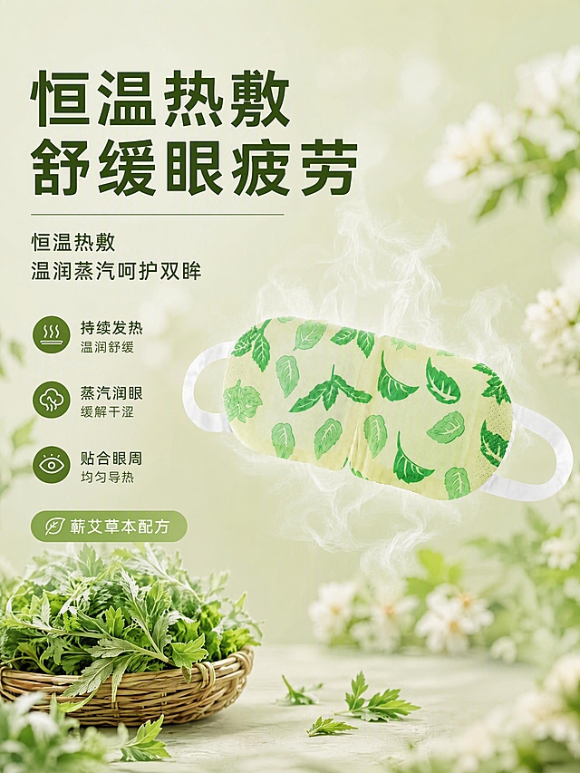第2张 核心卖点页-恒温热敷舒缓眼疲劳。去除画面中所有"41℃"相关的文字和温度标识元素，其余内容保持不变。
[氛围/风格] 清新草本自然风，简单大气，温润舒缓，商业摄影质感，突出热敷蒸汽功效。
[元素布局] 蕲艾蒸汽眼罩展开状态悬浮于画面中央偏右，占比约50%，绿叶图案清晰可见，白色耳挂自然展开；眼罩周围环绕温润蒸汽升腾效果，体现热敷蒸汽感；左侧大面积留白做标题与卖点区；左下角竹编篮装满新鲜艾草；背景为浅绿渐变，虚化的白色花朵与艾草叶作为远景层次；去除右下角圆形温度标识元素。
[光影质感] 上方柔和漫射光，左下辅光，眼罩下方柔和投影，蒸汽半透明发光效果，整体明亮温润，突出无纺布材质与蒸汽氛围感。
[配色色系] 全局底色 #E8F0E0（浅艾草绿）；主色 #5A8A3D（深艾草绿）；辅助色 #FFFFFF（白色）、浅绿渐变、米白。
[视角构图] 正面平视视角，浅景深，产品居中偏右，阅读动线左上标题 → 左侧卖点 → 右侧产品展示。
[文字版式] 版式为左文右物布局。左侧上方主标题「恒温热敷 舒缓眼疲劳」，粗黑体大字，深绿色；主标题下方细横线分隔；副标题「恒温热敷 温润蒸汽呵护双眸」，中号字体；下方三个卖点条目带绿色圆点图标：「持续发热 温润舒缓」「蒸汽润眼 缓解干涩」「贴合眼周 均匀导热」；底部加一条浅绿信息条，标注「蕲艾草本配方」。文字全部左对齐，不遮挡眼罩主体。文案中完全去除41℃相关表述。
[比例分辨率] 3:4 竖版比例，4K 分辨率，文字清晰可辨，高清画质。
[负向提示词] 眼罩变形，图案错乱，颜色偏差，水印，文字模糊，背景杂乱，耳挂缺失，出现41℃字样或温度数字。