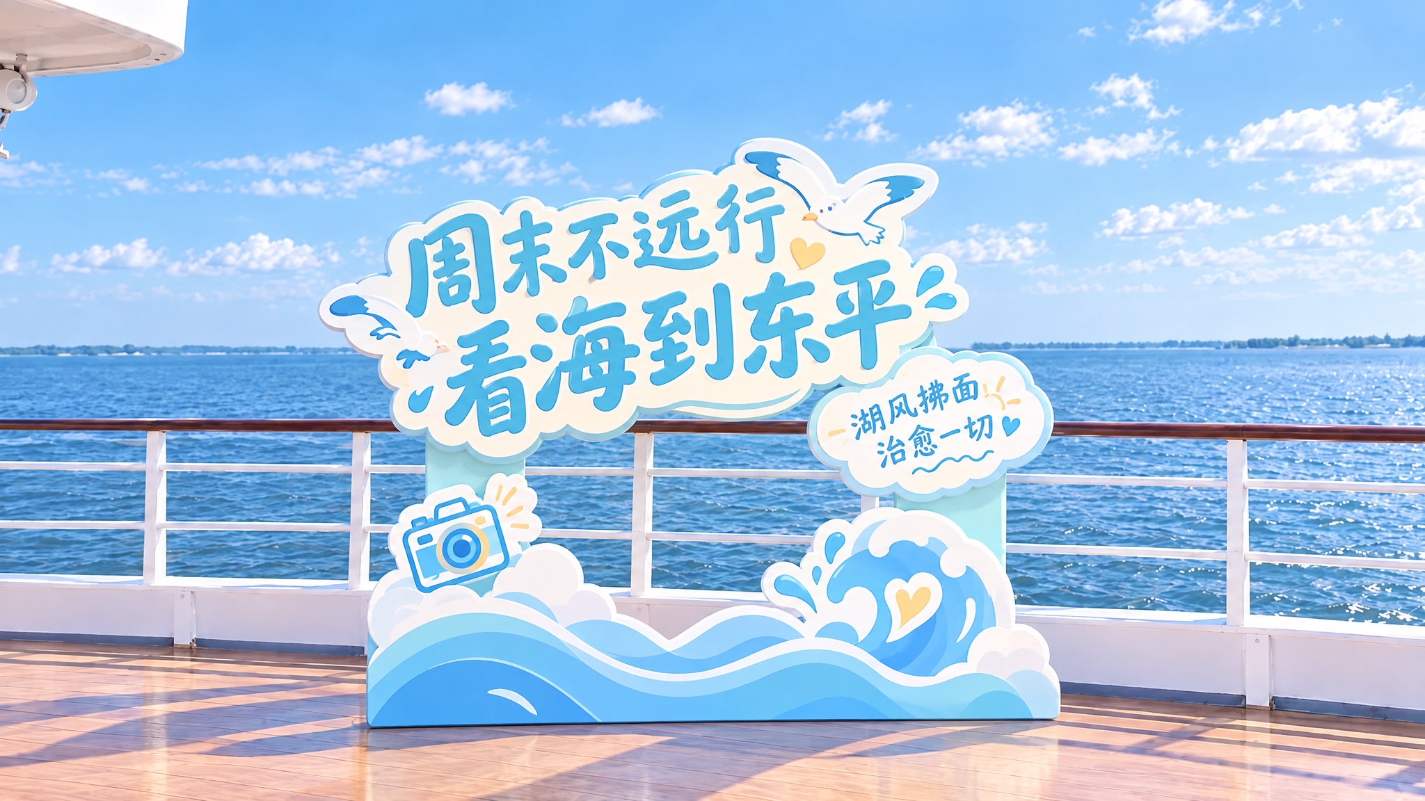参考三张图的清新治愈卡通立体字风格，生成第二个东平湖看海主题立… - 图片创意预览