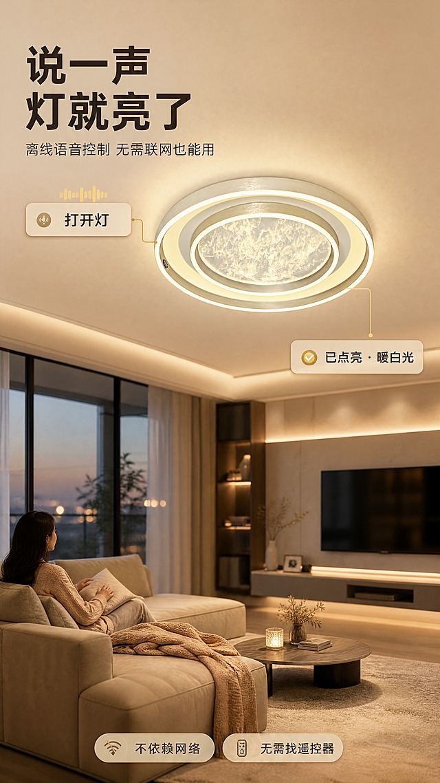 [商品] 使用【图1】M350 离线语音吸顶灯，安装在客厅吊顶，正面微仰视角度，点亮为暖白光，占画面约40%。保留圆环结构、金属磨砂质感、中央导光板纹理与整体比例，仅做清晰化与光影融合。
[画面] 目标：离线语音功能实测。客厅傍晚实景：沙发区域有一位成年女性居家休息的轻松氛围（作为背景人物，仅自然坐姿，不展示特写面部），房间顶部灯体同步点亮；画面左上用细金引线连接一段声波图形与指令卡"打开灯"，右侧出现响应卡"已点亮 · 暖白光"。前景为沙发、抱抌与地毯，中景为顶灯与室内空间，后景为虚化的电视墙与落地窗。产品占约40%。
[视觉] 套系策略：风格=现代简约家居实景商业摄影，高级质感；标题字=粗黑体无衬线；正文字=细黑体无衬线；主色=暖香槟金配米白；背景延展=基于米白与暖砂色做深浅层级、同色渐变和细腻墙面/木纹/布艺质感；强调色=亮金，仅用于小面积图标、引线和标签；标题色=深炭棕；正文色=暖灰；组件=圆角米白信息卡、细金引线、胶囊标签、大留白；光影=暖白柔光加灯体自身光晕。
[文字] 全部文字仅横向排版。主标题"说一声 灯就亮了"；副标题"离线语音控制 无需联网也能用"；指令卡"打开灯"；响应卡"已点亮 · 暖白光"；底部短卖点"不依赖网络""无需找遥控器"。文字位于左上与底部，不遮挡灯体。
[规格] 图片比例9:16竖版，4K，避免变形、错字、文字过小、竖排或旋转文字、冷蓝/蓝灰成为主色、肢体畸变、出现二维码水印与第三方平台Logo。