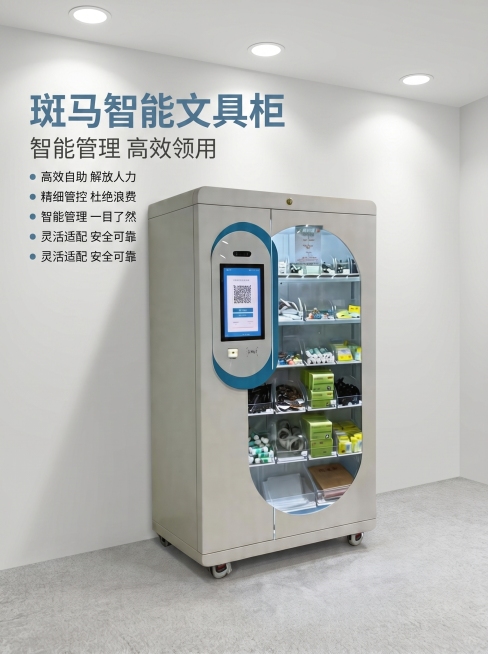 [主图 1] 斑马智能文具柜办公场景首图，产品展示在明亮干净的现代办公室环境中，保持产品外观（物理结构、材质质感、颜色）与输入产品图绝对一致，杜绝任何变形和色差，精细化处理。商品主体占比约70%，画面预览效果