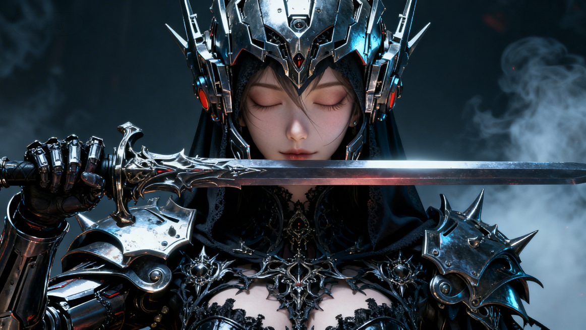 「图片1」角色位于图片左边，特写镜头，身体上的服饰变成非常华丽的哥特式机甲，头上的盖头机甲化「图片1」参考图2 ，拿着手中的武器横放在眼前，闭着双眼。人物刻画细致，皮肤细腻，机甲充满金属光泽。预览效果