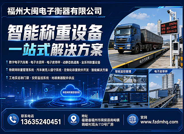 一张科技工业风格的电子衡器公司宣传海报，520×380横版构图，深蓝色与科技蓝搭配，专业大气。顶部放置公司名称："福州大闽电子衡器有限公司"，字体醒目。主标题大字："智能称重设备 一站式解决方案"，副标题分三行："数字电子汽车衡·电子水泥秤·电子皮带秤·动静态轨道衡·全系列称重设备"、"物联网称重管理系统·汽车衡无人值守系统·定制化称重软件开发·智能解决方案"、"工地实名制门禁·安防监控系统·地磅衡器配件供应"。画面右侧展示电子汽车衡、地磅称重、智能监控等工业场景，体现衡器行业的科技感与专业性。底部显示联系电话："13635240451"，地址："福建省福州市闽侯县南屿镇晓岐村观头113号厂房"，官网："www.fzdmhq.com"。整体风格科技工业、专业可靠，背景搭配科技线条、数据元素，突出智能称重的技术感。不带核心优势。版式精美，文字清晰可读，四周留有安全边距。画面中所有信息区域必须填充完整合理的内容，不得出现空白框或占位。画面中所有数字必须精确渲染，不得错位、遗漏或编造。