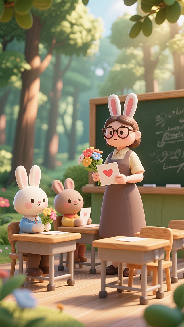 插画风的卡通场景，拟人化的兔子师生互动，清新可爱，充满童趣与温馨。