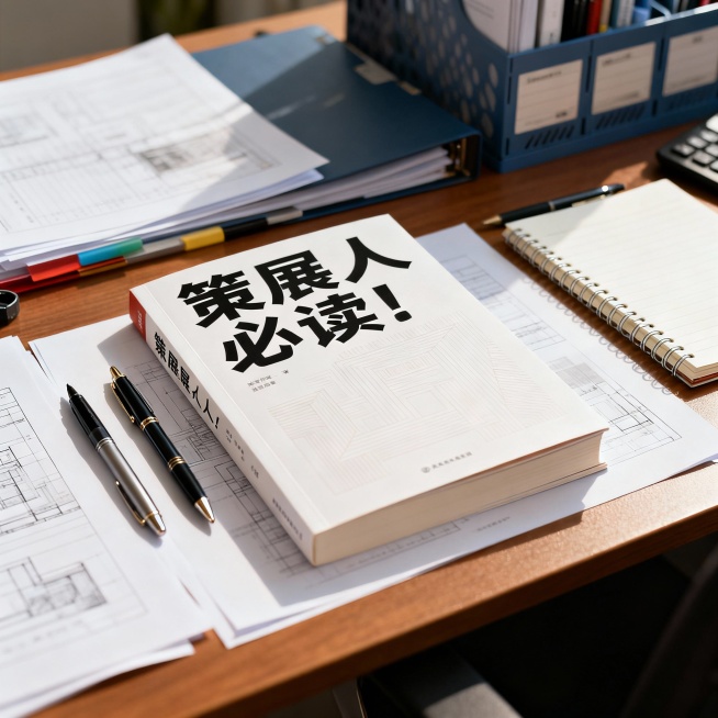 帮我生成一张图片，办公室桌面上的有一本书，上面写着策展人必读！预览效果