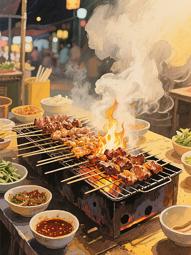 手绘水彩风格，夜市烧烤场景，炭火炉上烤架铺满各式烤肉串，肉质鲜嫩带焦香，火苗跳跃舔舐食材，烟雾袅袅升腾，周围摆放装有酱料和配菜的小碗，暖黄色调为主，光影柔和朦胧，笔触湿润通透，色彩晕染自然，营造温馨热闹的市井氛围，构图聚焦烤架美食，背景虚化突出主体。