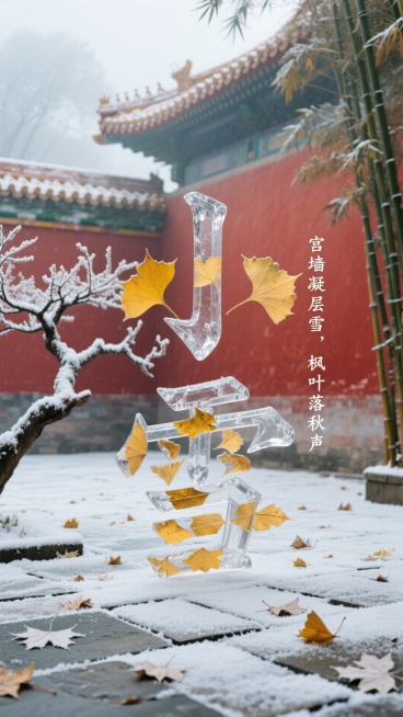 画面主体是由半透明霜晶、金黄银杏叶拼接成的 “小雪” 大字，大字在覆有薄霜的朱红色宫墙枝桠前，枝桠下是铺着浅霜的青石板地面，地面散落几片带霜银枫叶；有小字竖排“ 宫墙凝层雪，枫叶落秋声 ”；背景为晨雾预览效果