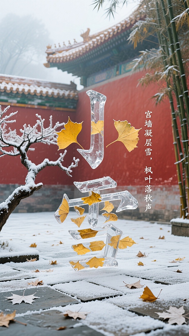 霜降。玻璃风大字嵌金叶，重拟物与超现实交织，中式庭院雪落银杏，体现出秋天的静谧清透，古典唯美感扑面而来