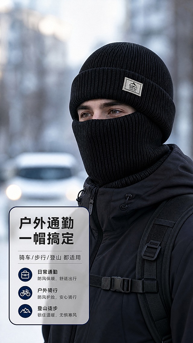 [商品] 使用【图1】黑色针织帽面罩模式佩戴效果；商品处理：保留翻边冷帽+面罩一体结构、黑色针织纹理、雪山布标与全脸包裹形态；增强面料质感与佩戴贴合度，自然展示户外佩戴状态，不改变颜色和结构。
[画面] 目标展示户外/通勤真实佩戴场景与氛围感，大图+文字叠加构图；主体为户外冬季场景中佩戴面罩模式的人物半身像，背景虚化（城市街道或户外步道），产品+人物占画面约70%；左下角叠加半透明信息卡，说明适用场景；整体营造冬季防风保暖的真实使用氛围。
[视觉] 套系策略：风格=简约高级商业摄影风；标题字=现代无衬线粗黑体；正文字=简洁无衬线体；主色=深炭黑；背景延展=户外冷调浅灰蓝场景虚化，保持简约干净；强调色=深藏青，仅用于信息卡边框和图标；标题色=白色/深炭黑（依背景对比）；正文色=浅灰/中灰；组件=半透明圆角信息卡、简约场景图标；光影=自然户外冷光，人物面部与帽子清晰。
[文字] 左下角信息卡主标题「户外通勤 一帽搞定」，副标题「骑车/步行/登山 都适用」；下方三行短场景：日常通勤、户外骑行、登山徒步；文字横排，信息卡不遮挡脸部与帽子主体。
[规格] 图片比例9:16竖版，4K分辨率，quality=medium；避免变形、错字、文字过小、颜色改变、低俗表达、亚洲面孔以外的模特。