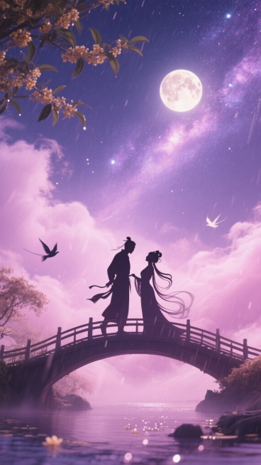 粉紫霓烟升腾，牛郎织女剪影映在鹊桥银河之脊，桂花月轮低垂，碎光如雨预览效果