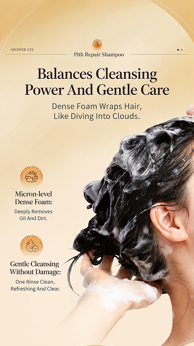 Do not change anything in the original image, keep all original layout, person washing hair image, icons and visual design completely unchanged, only translate all Chinese text into English, remove all Chinese characters, maintain original font position, size and color. This page is for Pith Repair Shampoo. Text translation: Product: Pith Repair Shampoo, Main title: Balances Cleansing Power And Gentle Care, Subtitle: Dense Foam Wraps Hair, Like Diving Into Clouds. 1. Micron-level Dense Foam: Deeply Removes Oil And Dirt. 2. Gentle Cleansing Without Damage: One Rinse Clean, Refreshing And Clear. Icons are labeled with Lafang Hair Core Repair. All text clear and legible, keep the original foam image unchanged. 9:16 vertical ratio, 4K resolution, high definition quality, cross-border e-commerce product material. Negative prompt: Chinese characters remaining, changed foam image, distorted layout, blurry text, wrong translation