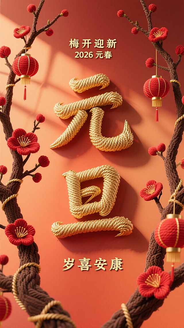 3D重拟物风格，金色绳编“元旦”浮雕字，搭配刺绣梅花与红灯笼，中式喜庆氛围浓厚，呈现2026元春佳节祝福。