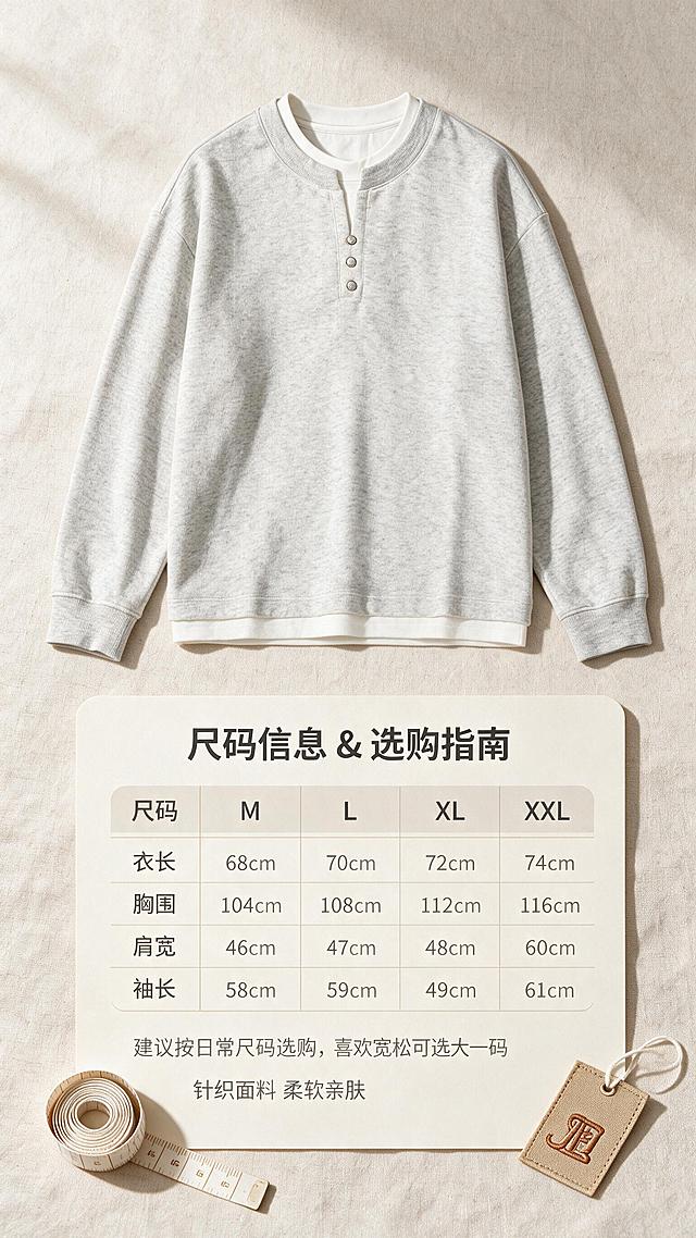 [商品] 使用【图1】浅花灰假两件亨利领针织卫衣；商品处理：保留亨利领三粒扣、假两件白边领口、落肩长袖、罗纹袖口、下摆白边、浅花灰颜色和针织面料；平铺展示正面全貌，自然去皱，版型平整。
[画面] 目标：尺码信息页，提供选码参考与产品信息。构图：上方卫衣正面平铺展示在浅米色布料背景上，下方为尺码信息卡区域，包含尺码表格、选码建议、面料成分说明三部分。周围点缀软尺、标签小道具。
[视觉] 套系策略：风格=韩系松弛感高级商业摄影；标题字=现代无衬线粗体（思源黑体Heavy）；正文字=简洁无衬线体（思源黑体Regular）；主色=浅花灰+米白；背景延展=基于浅花灰、米白做深浅层级、同色渐变和细腻织物/纸张质感；强调色=奶茶棕，仅用于小面积图标、引线和标签；标题色=深炭灰；正文色=中暖灰；组件=圆角浅底信息卡、细线引线；光影=左前侧暖柔光，柔和投影。
[文字] 顶部主标题「尺码信息 & 选购指南」；下方表格列M/L/XL/XXL四码，对应衣长、胸围、肩宽、袖长字段（用约/适合等保守表达）；表格下方选码建议：「建议按日常尺码选购，喜欢宽松可选大一码」；再下面料成分：「针织面料 柔软亲肤」。文字全部横排，清晰可读。
[规格] 图片比例9:16竖版，分辨率2K，避免变形、错字、文字过小、冷蓝背景、衣服颜色改变、极限词、虚构精确参数。
