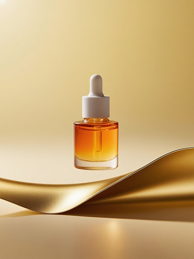 极简高级风美妆产品展示图，以白金为主色调，产品置于金色金属波浪曲面上（带拉丝纹理，同金属质感），浅黄色渐变背景（近白 - 浅黄过渡），波浪曲面悬浮于半空，光影简洁，顶光 + 侧光突出瓶身哑光磨砂，曲面反光阴影自然