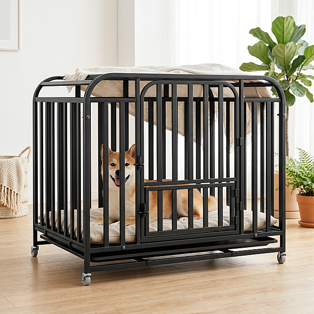 一张淘宝天猫风格的宠物用品场景图，主体是黑色金属狗笼，保持狗笼原结构不变。狗笼放置在温馨家庭客厅的原木色地板上，笼子里面趴着一只开心的柴犬。场景整体极致清新透亮，更高亮度更低饱和度，搭配清新绿植装饰细节，北欧自然风，明亮柔和自然光从窗户透入，极致通透感，轮廓光清晰勾勒黑色狗笼完全不发暗，凸显狗笼主体，画面干净清爽，适合电商主图