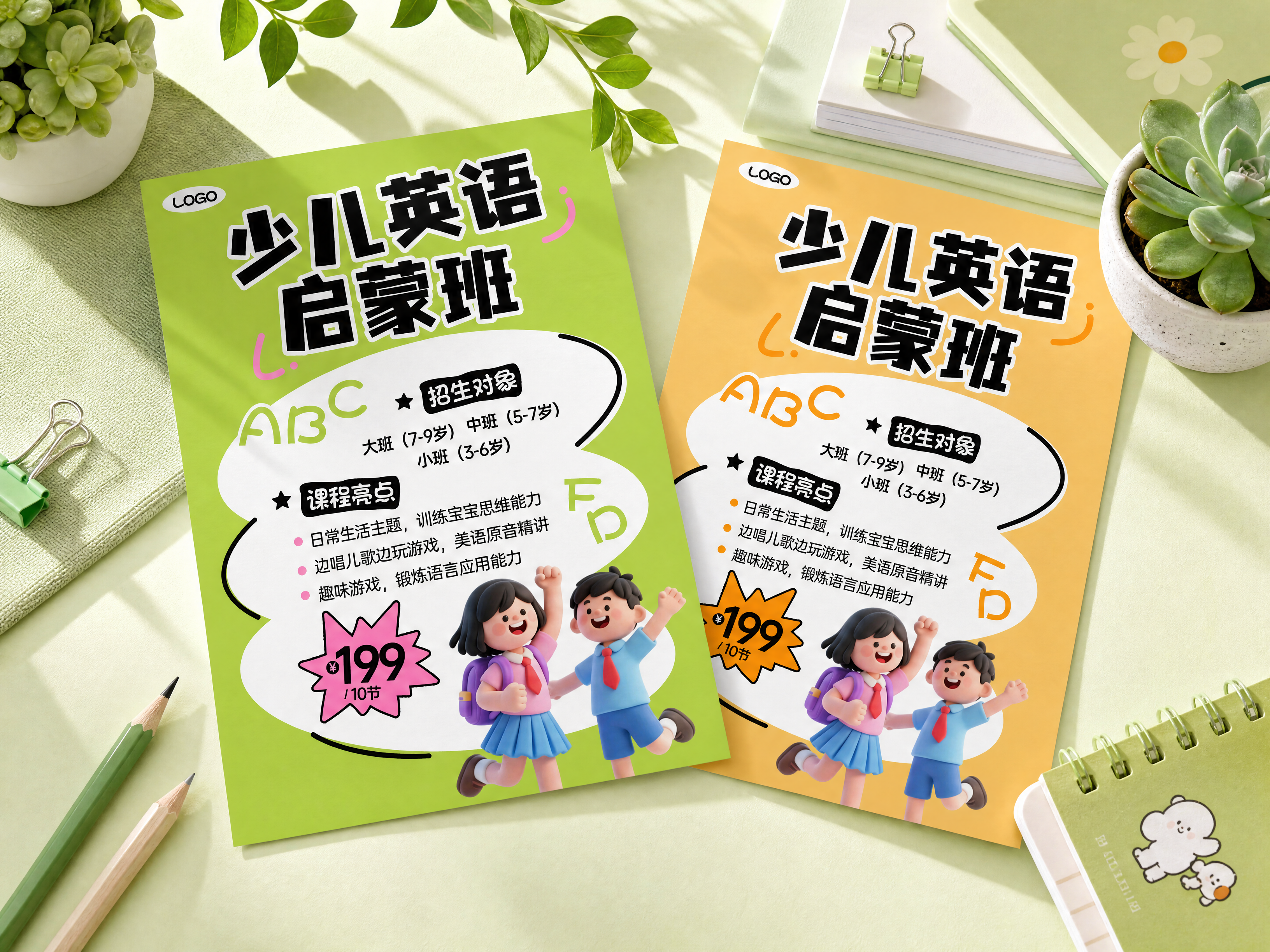 教育培训招生传单桌面样机，两张A4宣传单斜放交叉展示，第一张是… - 图片创意预览