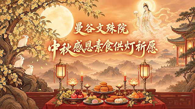 以这张16:9横版中秋海报为基础做整体调色与新增人物，保留原构图、元素与两行书法标题。
1）简化配色、增强层次：现在画面颜色太杂太花，请大幅降低色彩杂乱度与饱和度，把繁密的金色桂花、橙红渐变、多色灯笼与楼阁统一为简洁的暖色主调（米橙、浅金、暖红三到四个主色为主），减少细碎高饱和色块与花哨细节，强化前中后景的空间层次：前景供桌、宫灯与花枝用较深的暖红并保持清晰；中景远山与楼阁用雾气虚化做过渡；背景天空与满月用柔和的橙金渐变，整体更干净、通透、有纵深和空气感。
2）在画面上方天空区域（满月右侧、楼阁上方的云端）新增一位月光菩萨：庄严慈悲的女性形象，面容宁静柔和，头后有皎洁圆月般的光轮，身披素白与淡金色飘带天衣，璎珞庄严，手持莲花，足踏祥云，周身散发柔和银白色月光，与橙金背景自然融合，比例适中、不遮挡主标题。
3）两行中式书法标题“曼谷文殊院”与“中秋感恩素食供灯祈愿”保持原样、完整清晰、位置与字体不变。
整体保持中国风手绘插画质感，画面干净高级。