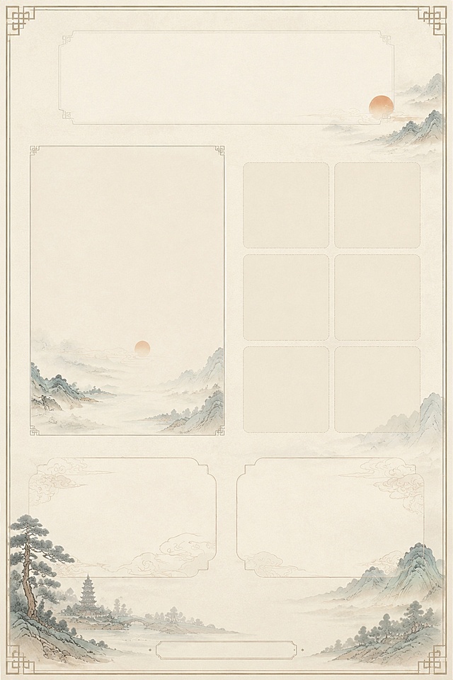 竖版A3尺寸文创展板背景图，新中式水墨国风，宣纸米白底色，低饱和青黛山水配色，四角搭配简约中式回纹细边框，整体留白充足。版面分层预留：顶部为大标题空白区域；上半区左侧为大图空位（用于放置挺城牧笛海报），右侧为网格状产品图空位；下半区左右各一个浅水墨云纹空白文字框；底部为落款小字空位。画面全程不含任何文字、不生成汉字、不手写文案，仅提供干净版式背景，风格与上传素材的水墨质感完全统一，图文分区清晰明确。禁止出现扭曲文字、模糊文字、乱码、错字、重叠文字。