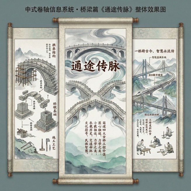 中式卷轴信息系统·桥梁篇《通途传脉》左右板块细节与结构图，左侧是《天工开物》线稿风格的古桥结构拆解，右侧是现代桥梁创新应用展示，标注清晰，色彩为水墨灰+石青色+碧绿色，文字为深棕色书法字体预览效果