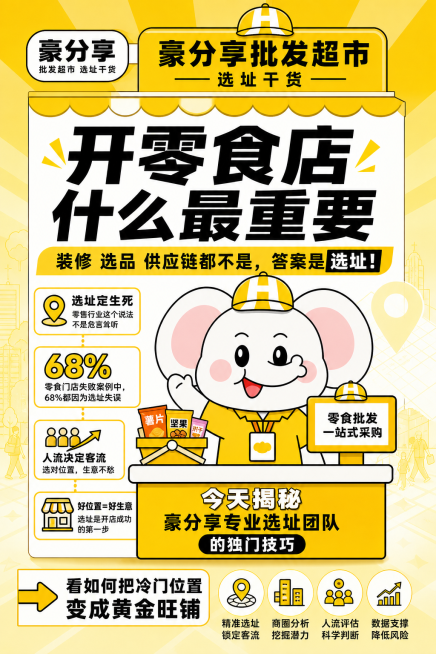 参考图中大象形象，保持大象皮肤颜色自然正常，大象衣服改为黄色，整体以黄色为主题，添加文案：开零食店什么最重要，装修选品供应链都不是，答案是选址，选址定生死，零售行业这个说法不是危言耸听，零食门店失败案预览效果