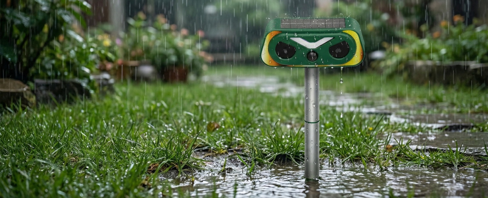 把产品安放在庭院草从中 （下雨天）预览效果