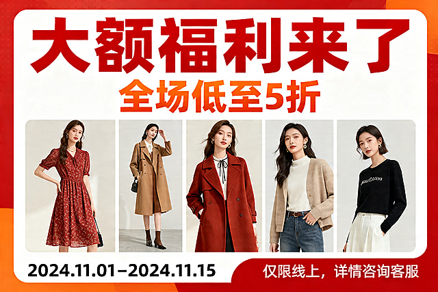 生成一张横版电商促销海报，主题为时尚女装促销，主标题为"大额福利来了"，副标题为"全场低至 5 折"，海报需要突出促销信息和活动时间，调整文字和素材的位置与大小，设置合适的字体和颜色强化对比，提升可读性，添加时尚女装素材图片，整体风格符合促销主题