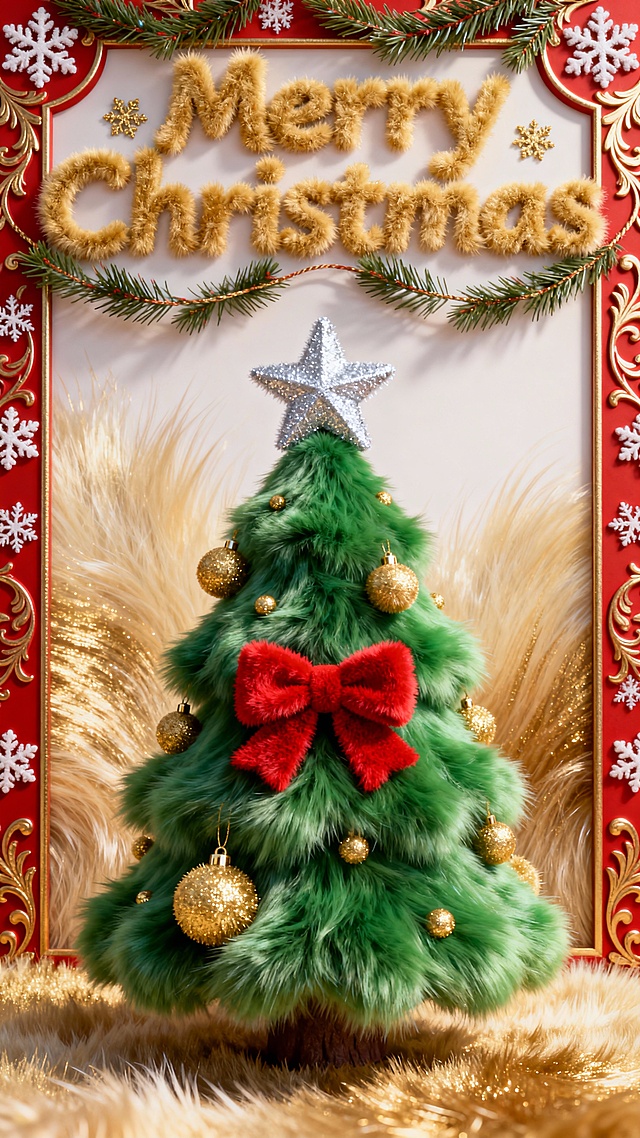 3D毛绒圣诞树搭配鎏金装饰，重拟物风呈现温馨甜蜜感，浮雕边框与毛发生长纹理营造喜庆氛围，节日气息浓郁。