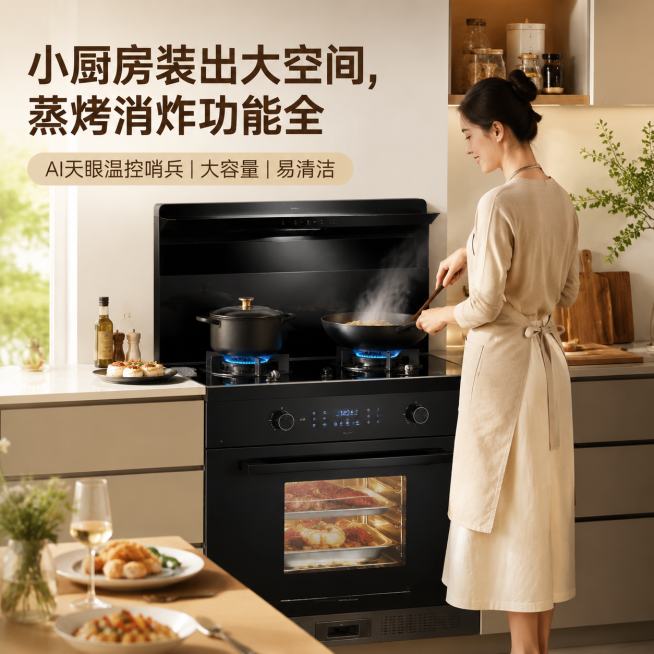 现代简约小厨房场景，人物正在使用黑色玻璃面板集成灶烹饪美食，集成灶带有双燃气灶头、下方蒸烤箱腔体、顶部拢烟结构，机器和锅具细节自然合理无错误，画面干净明亮，淘宝天猫电商推广风格，主文案"小厨房装出大空预览效果