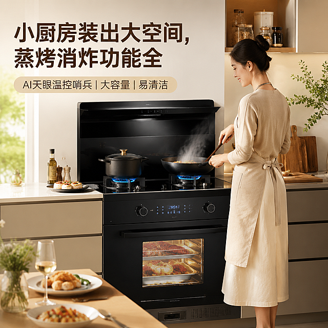现代简约小厨房场景，人物正在使用黑色玻璃面板集成灶烹饪美食，集成灶带有双燃气灶头、下方蒸烤箱腔体、顶部拢烟结构，机器和锅具细节自然合理无错误，画面干净明亮，淘宝天猫电商推广风格，主文案"小厨房装出大空间，蒸烤消炸功能全"，次文案"AI天眼温控哨兵|大容量|易清洁"，整体氛围温馨有生活感，1:1正方形构图