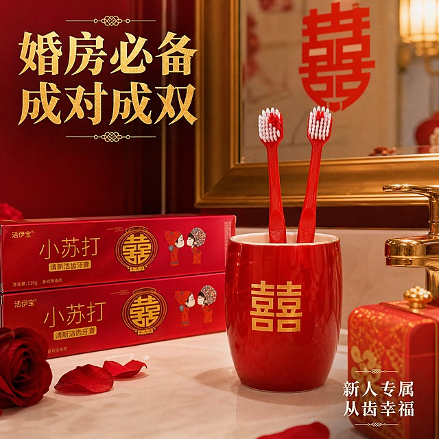 [主图-4] 百年好合喜结良缘红色婚礼牙刷 婚房使用场景图。
[统一基调] 喜庆婚礼红色系视觉，主背景为渐变深红色带金色光晕，标题字色为烫金色，辅助字色为米白色，强调色为中国红，字体为大气宋体加粗风格，卡片用金色细边框装饰，整体传递高端婚礼伴手礼礼盒质感。
[画面] 真实婚房卫生间场景，白色洗手台上的红色漱口杯里插着两支红色婚礼牙刷，杯身上有金色囍字。旁边放着红色牙膏盒，镜子上贴着大红喜字，台面上有玫瑰花瓣和红色喜糖盒点缀。暖黄色灯光营造温馨浪漫的新婚氛围。牙刷自然插在杯中，是日常使用的真实状态。
[光影质感] 自然光生活摄影质感，暖黄色柔和灯光，物体有自然阴影，红色牙刷在白色台面上鲜明突出，整体温馨浪漫有生活气息，像新婚早晨的真实画面。
[配色] 场景以白色浴室为主，红色牙刷和喜字装饰形成鲜明对比，点缀金色囍字和玫瑰花瓣，喜庆又温馨。
[文字版式] 左上角"婚房必备 成对成双"烫金色标题；右下角"新人专属 从齿幸福"米白色小字。文字量少，不破坏场景沉浸感。
[输出要求] 1:1正方形比例，2048x2048，场景真实自然，产品外观与输入图一致，无悬浮穿模，无变形错字，无水印无平台Logo。
