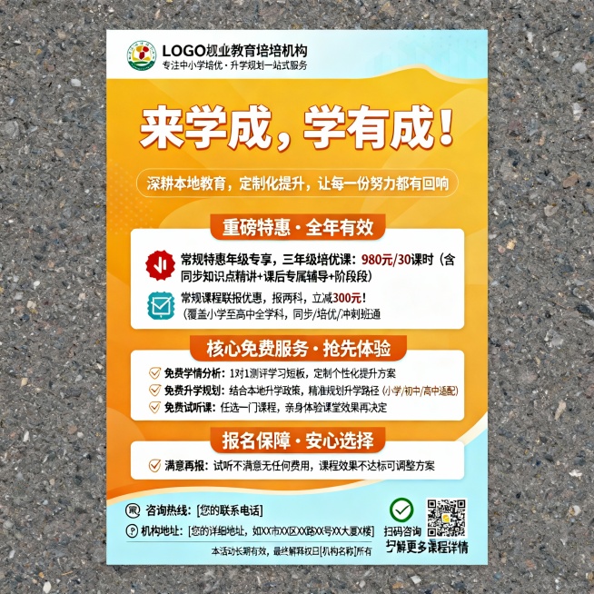 培训机构全年通用宣传海报文案（可直接复制排版）<br/> <br/>【顶部：机构标识区】<br/> <br/>[机构LOGO]<br/>[机构全称]<br/>（可加小字：专注中小学培优·升学规划一站式预览效果