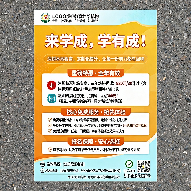 培训机构全年通用宣传海报文案（可直接复制排版）<br/> <br/>【顶部：机构标识区】<br/> <br/>[机构LOGO]<br/>[机构全称]<br/>（可加小字：专注中小学培优·升学规划一站式服务）<br/> <br/>【主视觉区：核心宣传语】<br/> <br/>来学成，学有成！<br/> <br/>【副标题】深耕本地教育，定制化提升，让每一份努力都有回响<br/> <br/>【板块一：重磅特惠·全年有效】<br/> <br/><span class="emoji emoji1f525"></span> 常规特惠年级专享<br/> <br/>三年级培优课：980元/30课时<br/>（含同步知识点精讲+课后专属辅导+阶段测评）<br/> <br/><span class="emoji emoji1f4e6"></span> 常规课程联报优惠<br/> <br/>报两科，立减300元！<br/>（覆盖小学至高中全学科，同步/培优/冲刺班通用）<br/> <br/>【板块二：核心免费服务·抢先体验】<br/> <br/>✅ 免费学情分析：1对1测评学习短板，定制个性化提升方案<br/>✅ 免费升学规划：结合本地升学政策，精准规划升学路径（小学/初中/高中适配）<br/>✅ 免费试听课：任选一门课程，亲身体验课堂效果再决定<br/> <br/>【板块三：报名保障·安心选择】<br/> <br/>💯 满意再报：试听不满意无任何费用，课程效果不达标可调整方案<br/> <br/>【底部：联系与地址区】<br/> <br/><span class="emoji emoji1f4de"></span> 咨询热线：[您的联系电话]<br/>📍 机构地址：[您的详细地址，如XX市XX区XX路XX号XX大厦X楼]<br/>🟢 扫码咨询<br/>[二维码占位符：扫码添加老师微信/了解更多课程详情]<br/> <br/>（底部可加小字：本活动长期有效，最终解释权归[机构名称]所有）