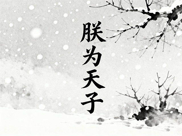 中国传统节气水墨画风格，画面中央有“朕为天子”二字，字体为古朴的书法体，背景中点缀着飘落的雪花，远处有几枝光秃的树枝，墨色浓淡相宜，意境悠远宁静，留白恰到好处，展现冬日的萧瑟与静谧之美