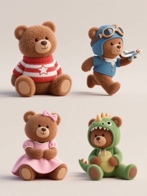 一组四个完全不同造型的立体风格棕色小熊毛绒玩具系列素材集合，规整排布在纯色背景上。每个小熊都保持相同的棕色蓬松毛绒质感、圆润可爱的面部特征和立体饱满的3D造型。第一个小熊穿着红白条纹带星星图案的针织毛衣，坐姿端正；第二个小熊戴着蓝色飞行员帽子和护目镜，手持小飞机玩具，呈奔跑姿态；第三个小熊穿着粉色公主裙，头戴蝴蝶结，双手抱膝坐姿；第四个小熊穿着绿色恐龙连体衣，戴着恐龙犄角头饰，呈趴卧姿势。所有……预览效果