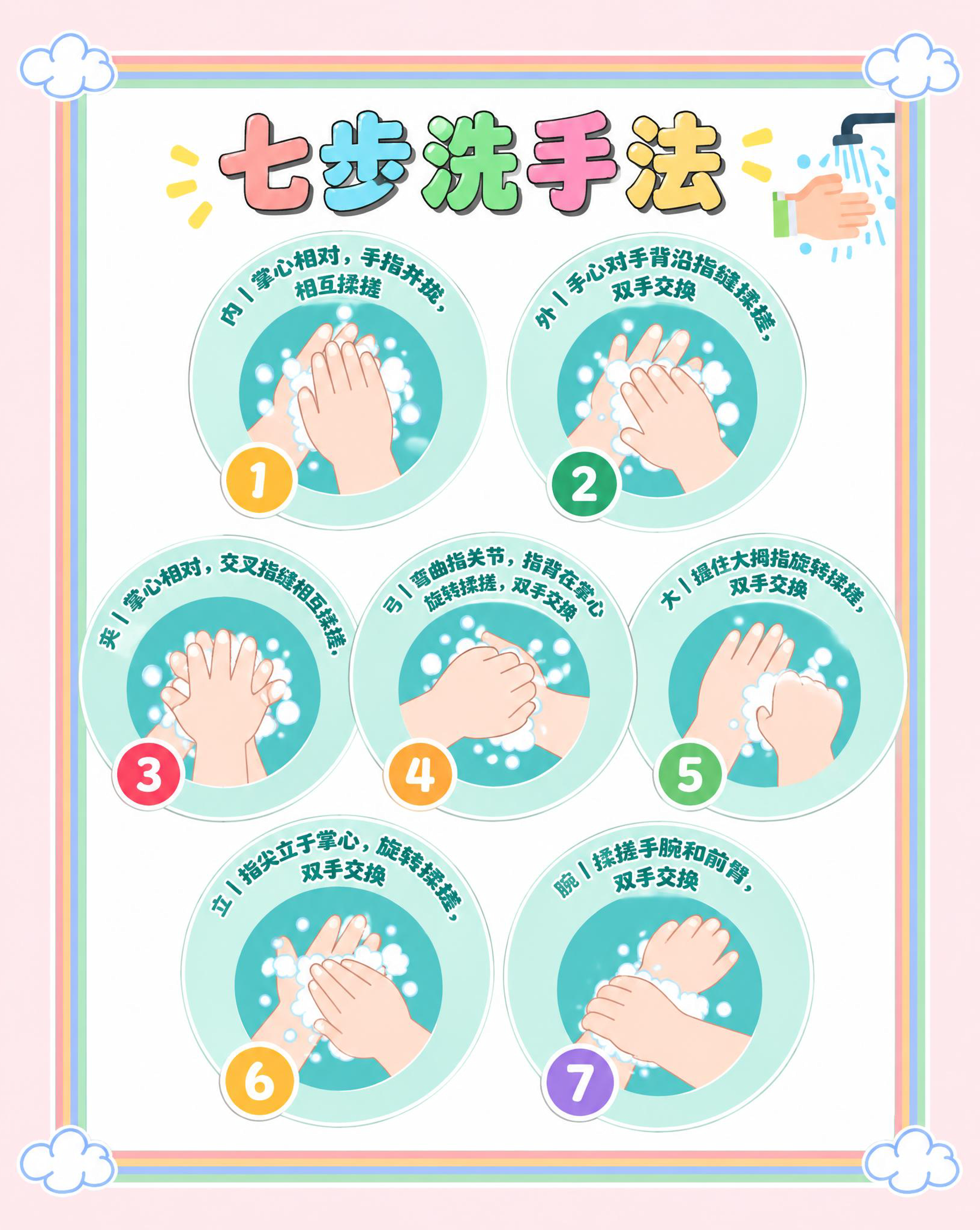 参考图的版式骨架和卡通扁平插画风格，重新生成七步洗手法科普海报… - 图片创意预览