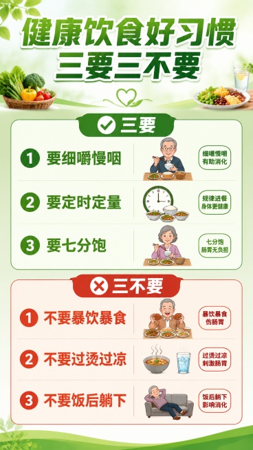 三要 ✅
要细嚼慢咽  要定时定量要七分饱
三不要 ❌
不要暴饮暴食
不要过烫过凉
不要饭后躺下   帮我生成一张海报预览效果