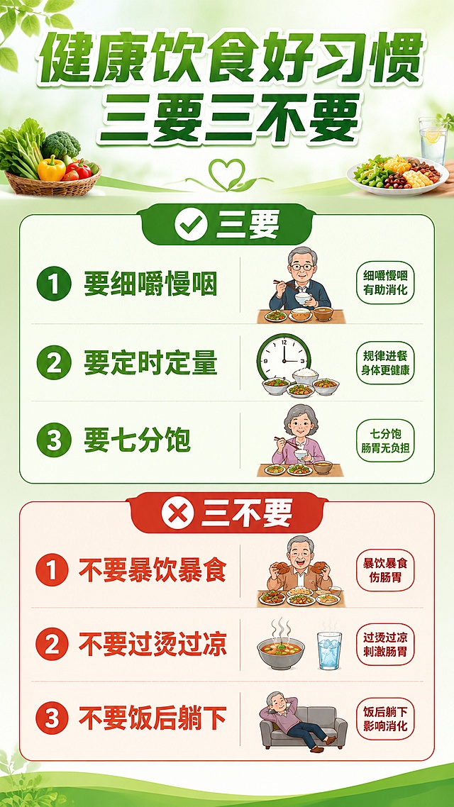 三要 ✅
要细嚼慢咽  要定时定量要七分饱
三不要 ❌
不要暴饮暴食
不要过烫过凉
不要饭后躺下   帮我生成一张海报