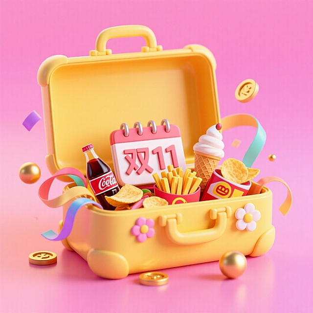 一个打开的黄色大手提箱，箱内有一个醒目的“双11” 日历牌，日历牌旁许多商品（薯条、薯片、可乐、冰淇淋等），周围环绕彩色丝带、金色小球、金币、花朵等元素装饰，背景为明亮的粉色渐变，超强的促销感。