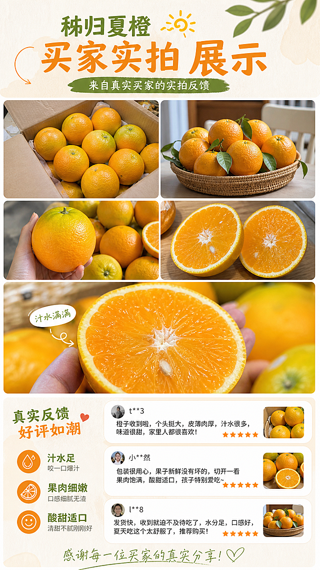 秭归夏橙淘宝详情页第七屏，买家实拍展示，展示真实用户收到果实的场景，突出好评反馈，保留产品真实质感，风格自然真实，适合淘宝手机端展示