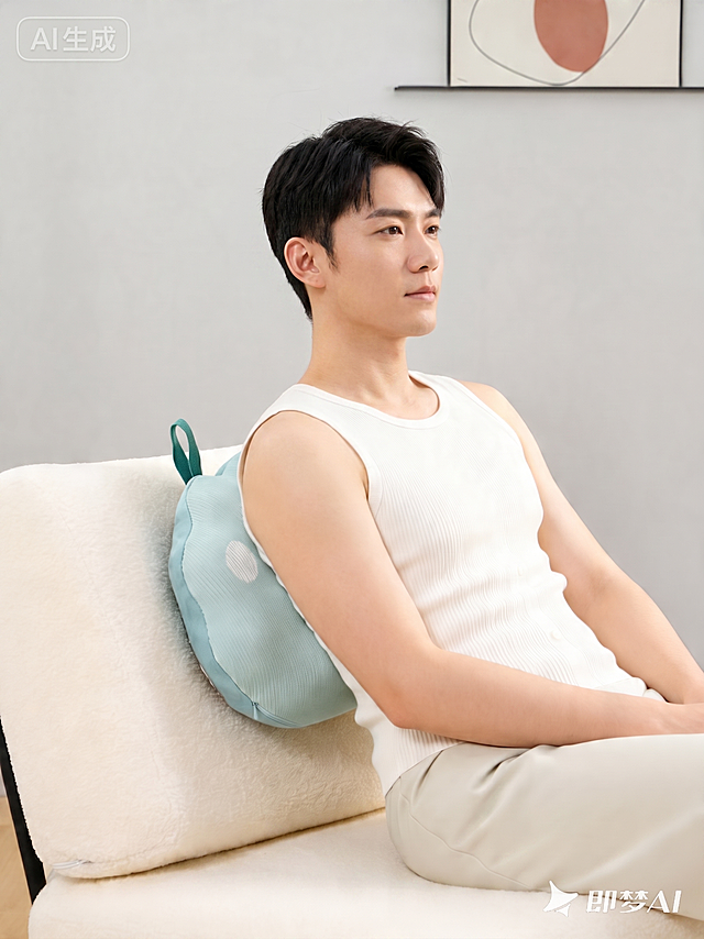将图中的人物替换为一名男性，保持原姿势、白色背心、浅卡其色裤子不变，保持浅蓝色靠背腰枕、米色沙发和背景不变，保持整体风格光影不变